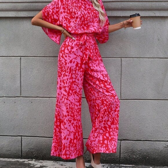 Pink Boho Womens Allover Print Batwing Sleeve Belted Wide Leg Jumpsuit - Picture 4 of 5